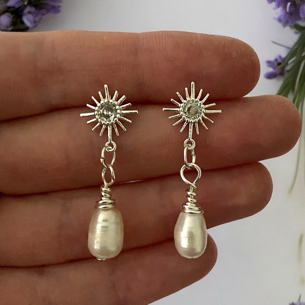 Sterling silver plated sun cubic zirconia earrings, natural freshwater pearls